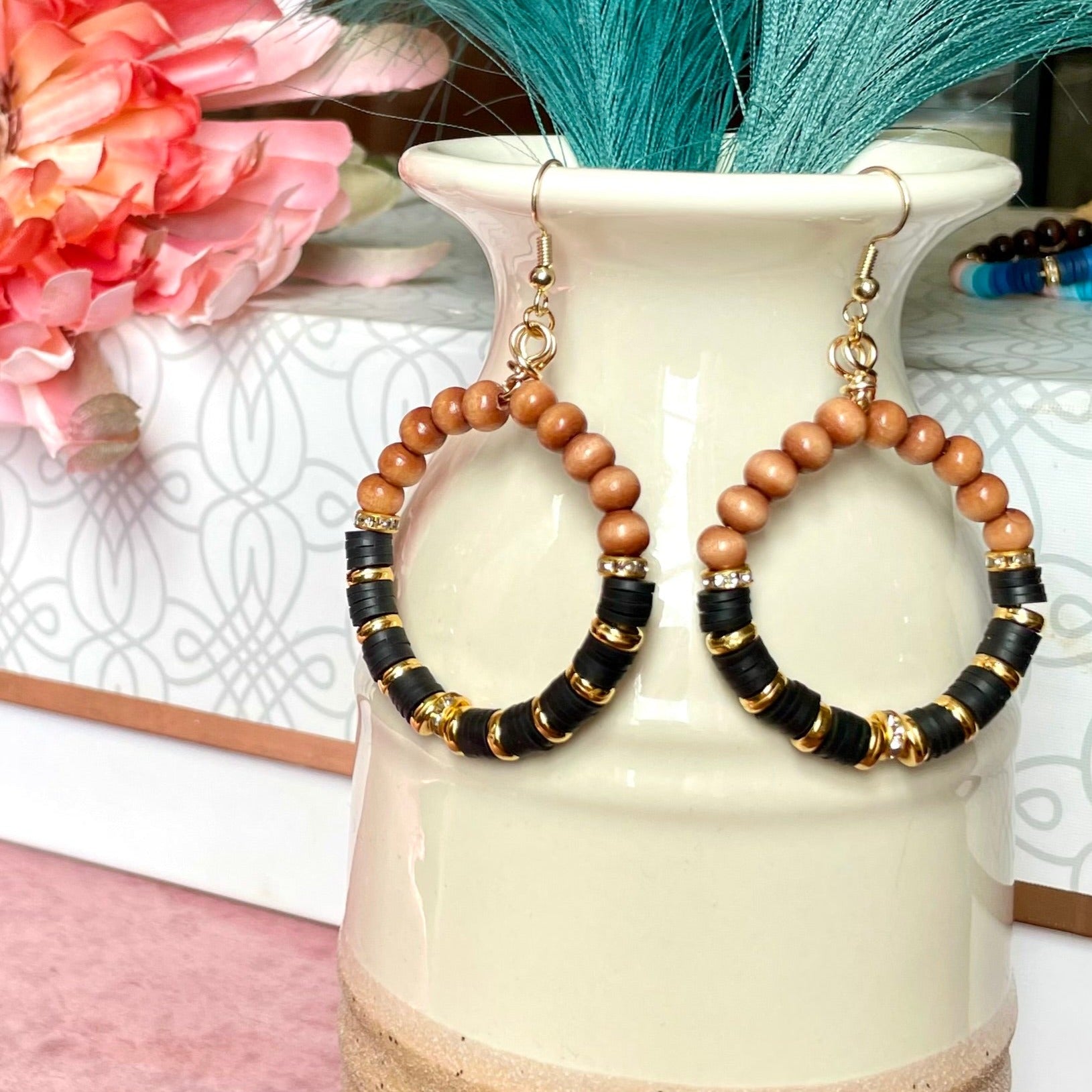 Classic Black Clay Bead and Wooden Earrings