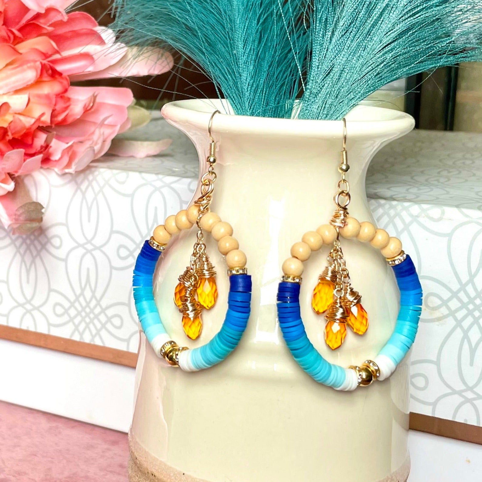 Ombre Blue Clay Bead and Wooden Earrings with Citrine Dangles
