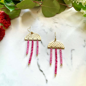 Gold Half Moon Earrings with Pink Jade Bead Dangles