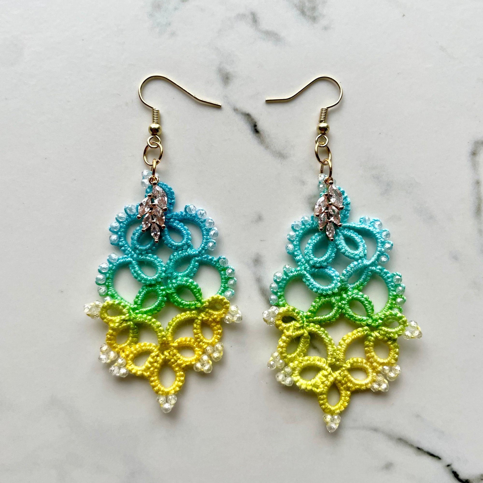 Teal, Green, and Yellow Ombré Tatted Lace Earrings