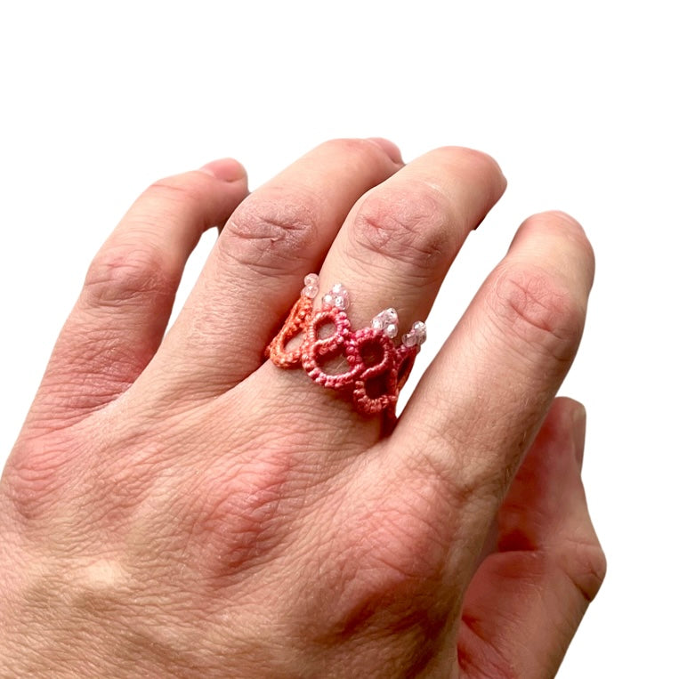 Pink, Orange, and Yellow Ombré Tatted Lace Ring
