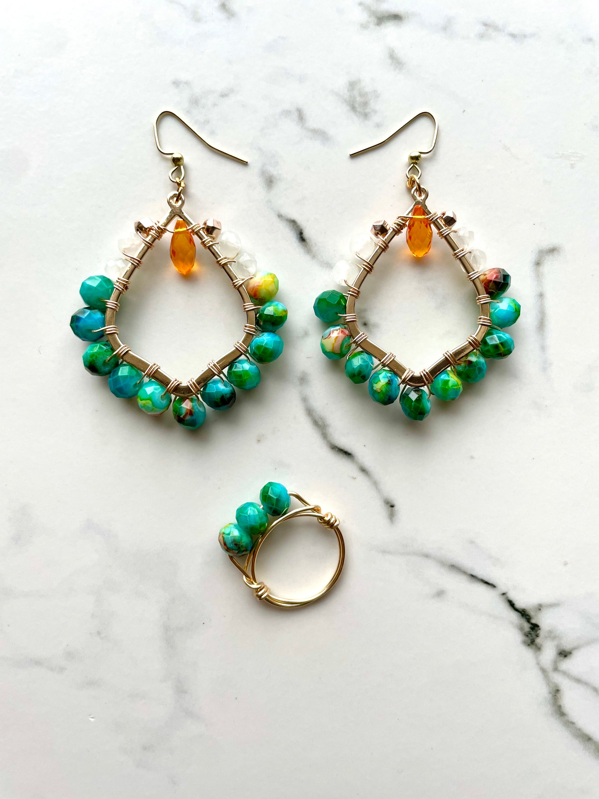 Blue and Green Earring and Ring Set
