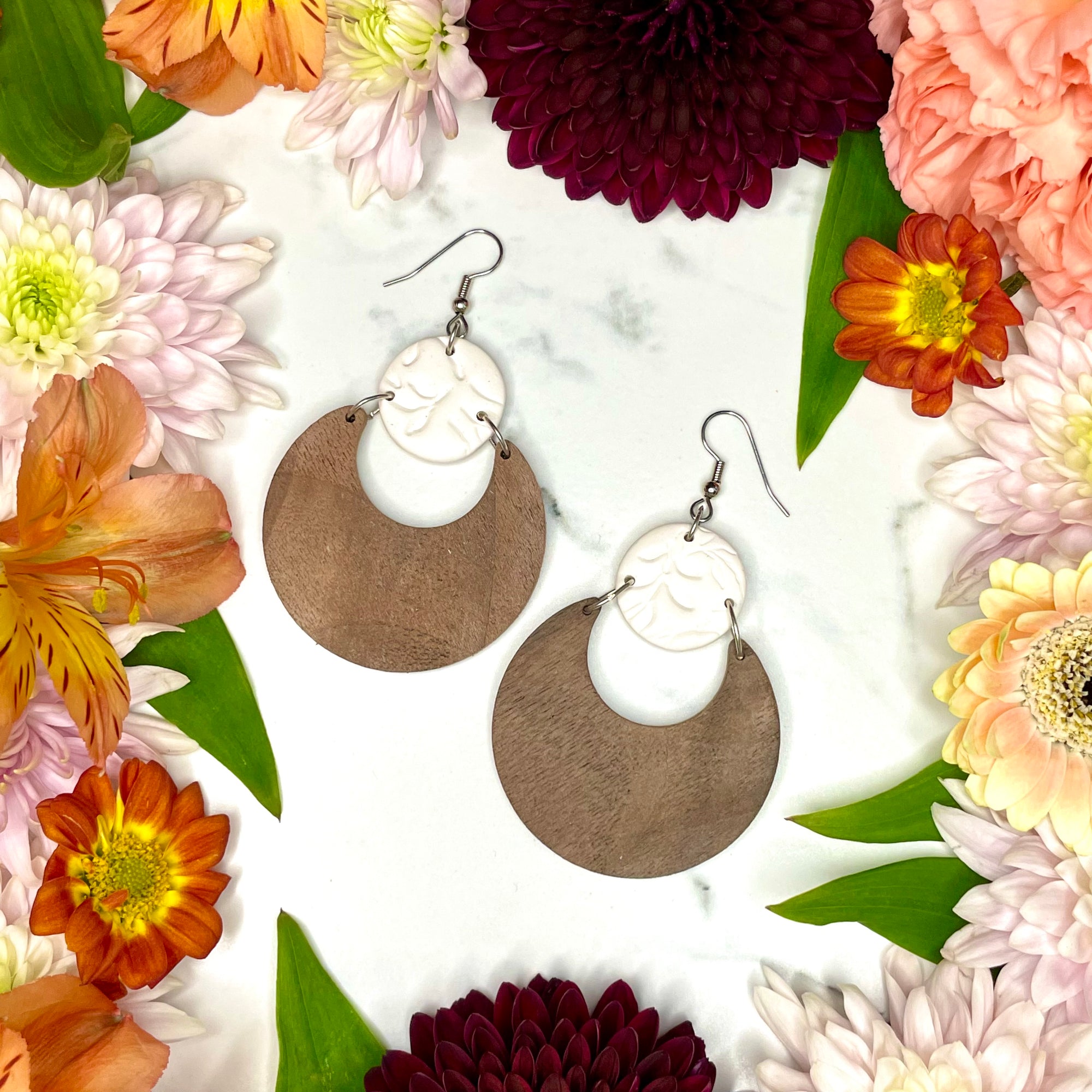 Black Walnut Half-moon Earrings with White Clay Charms
