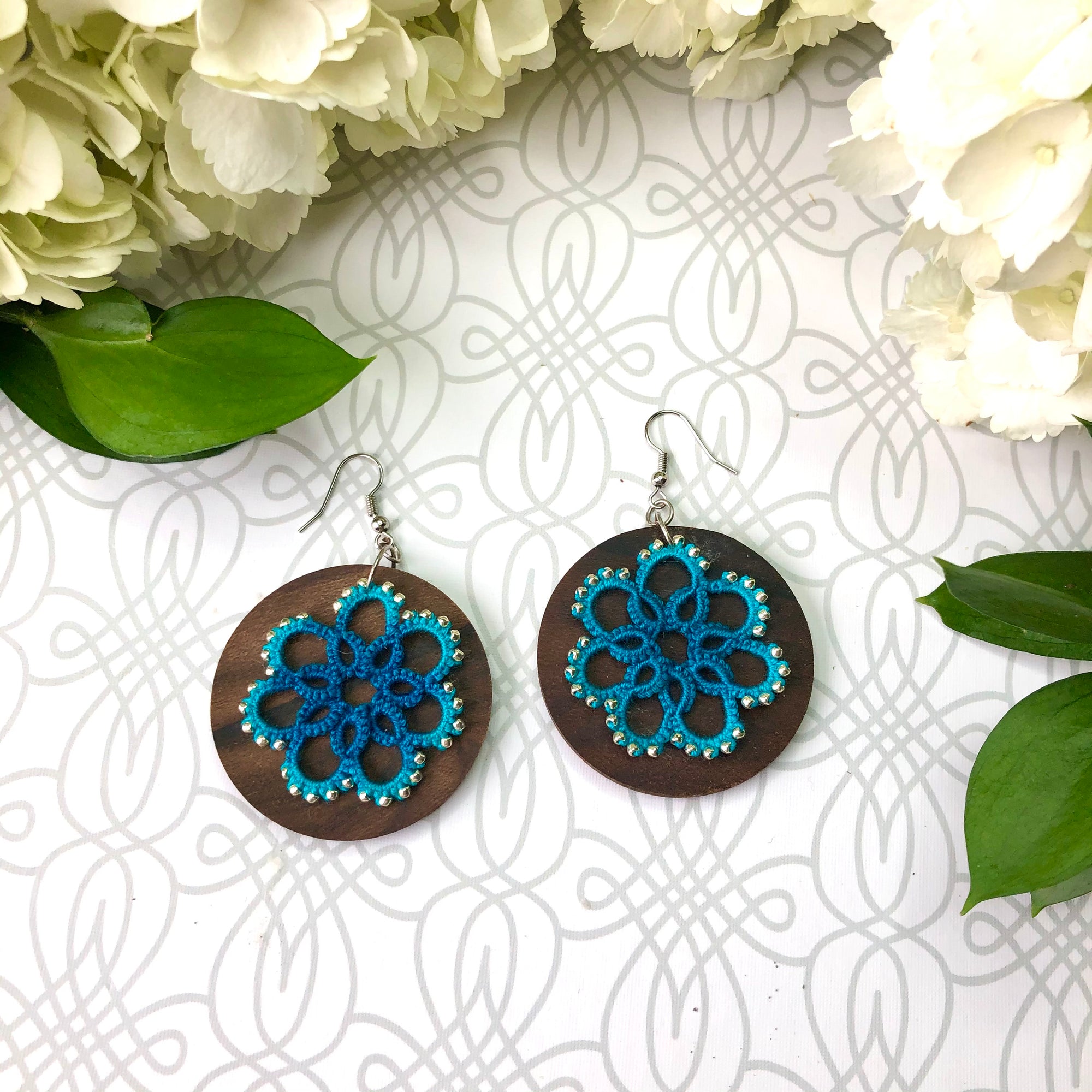 Tatted Lace Ombré Earrings over Ziricote Wood