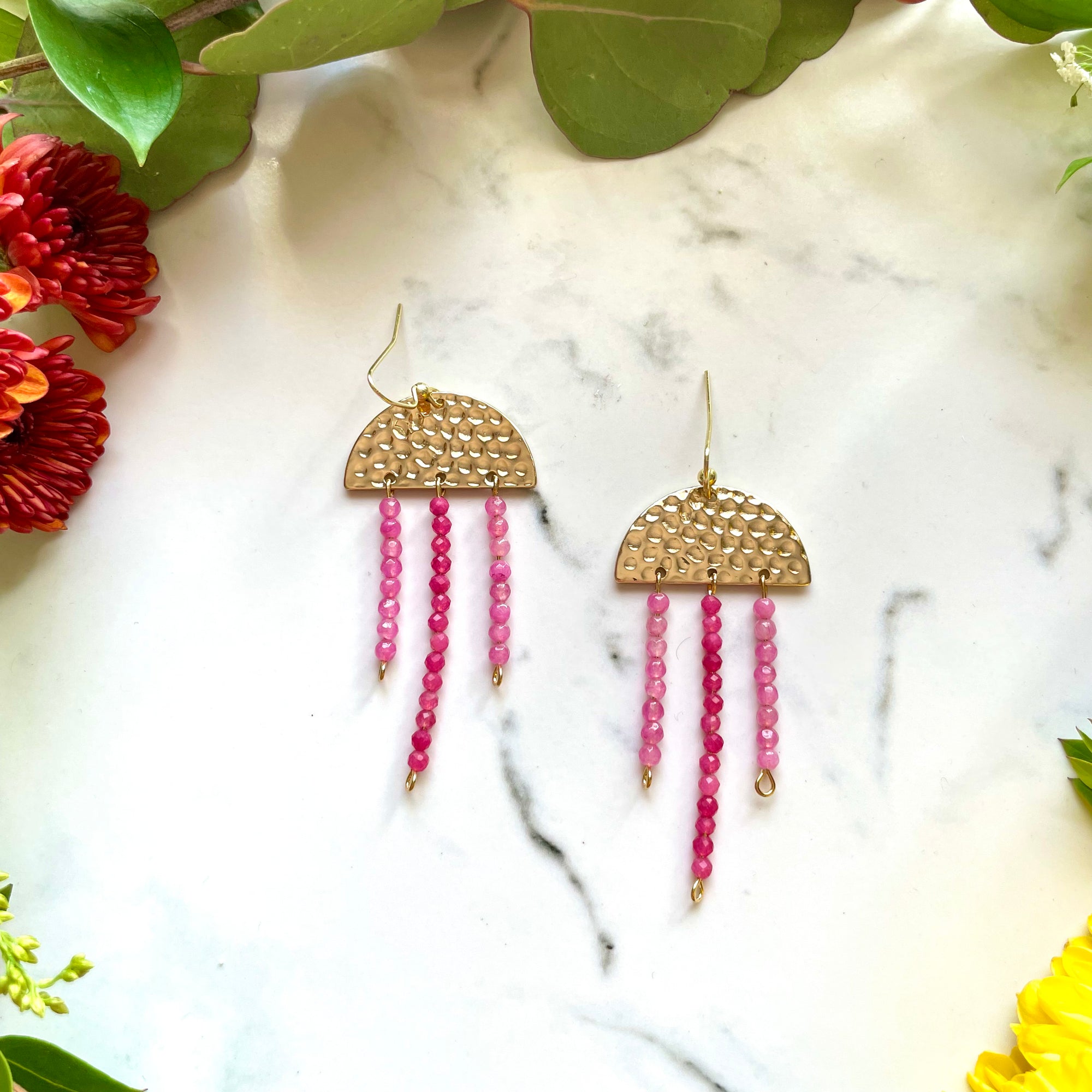 Gold Half Moon Earrings with Pink Jade Bead Dangles